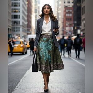 Piazza Sempione Silk Floral A Line Midi Skirt Green Brown IT 40 US 4